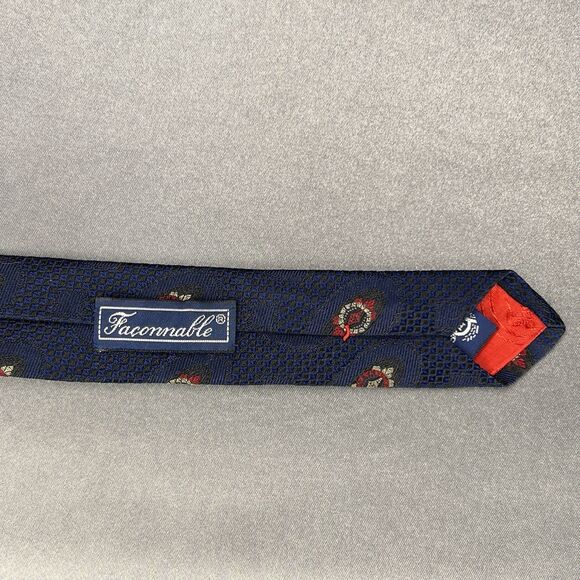 FACONNABLE Men’s Neck Tie Hand Made 100% Silk France Geometric Navy Red Wedding - Picture 11 of 11